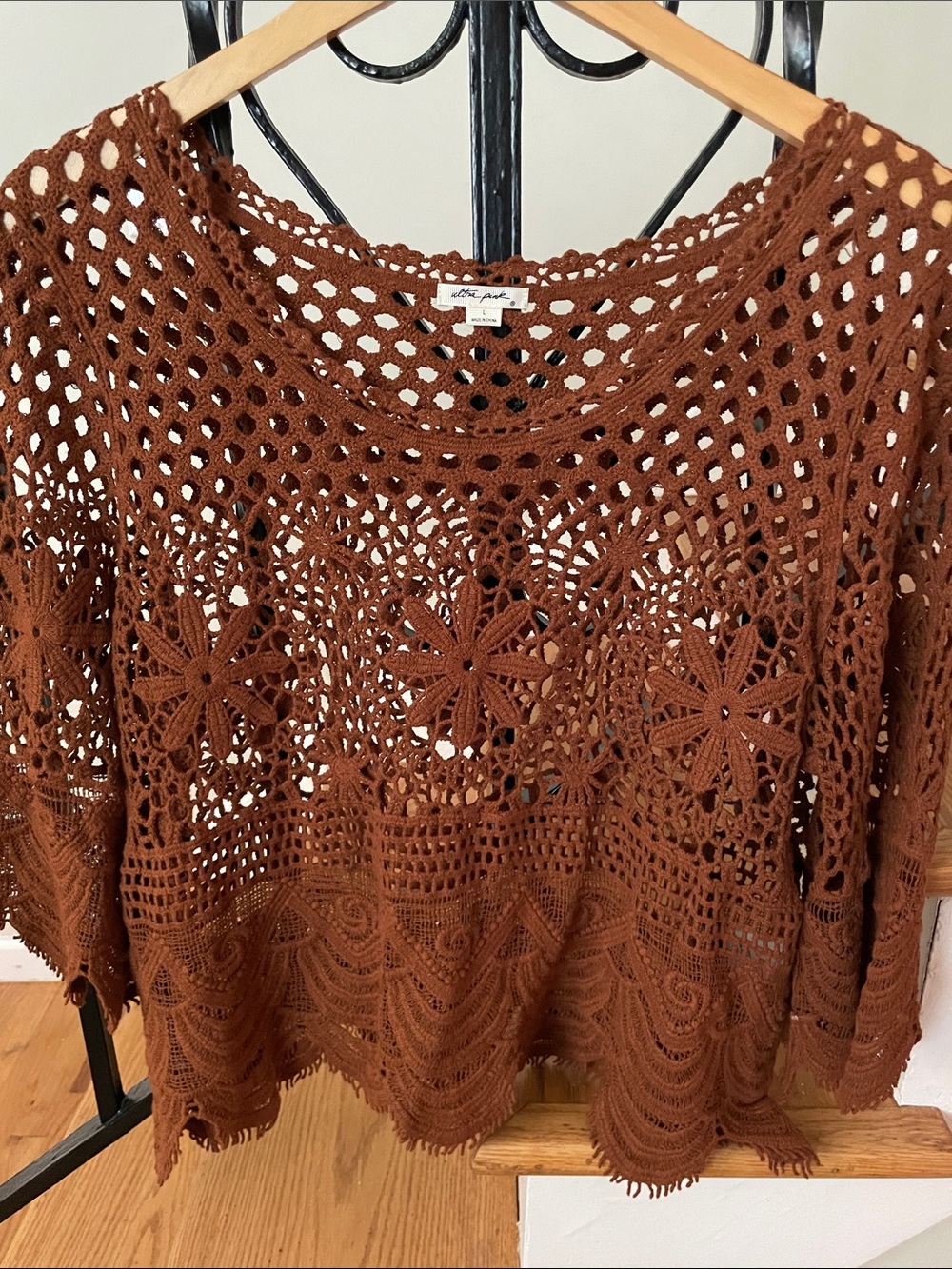 Altea Brown Crochet Scoop Neck Knit Top